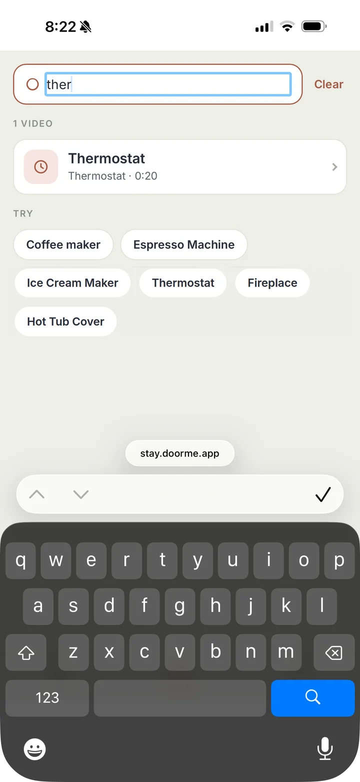 The guest search: “how do I turn on the heat” resolving to the thermostat video