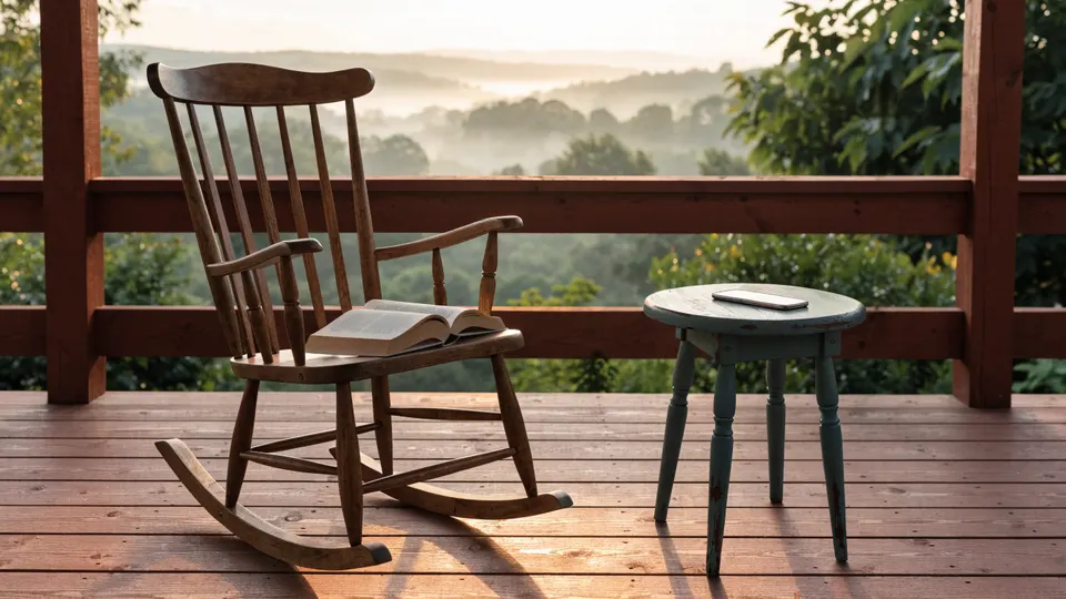 A porch at golden hour: a rocking chair, an open book, and a phone lying face-down on the side table
